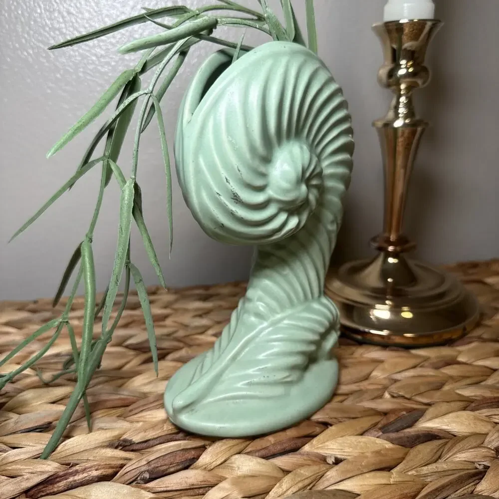 MCM Mint Green Nautilus Shell Vase Fiddlehead Fern Style Matte Pottery Decor